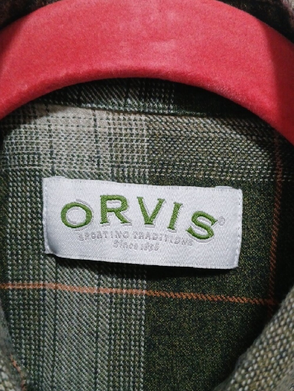 Orvis Olive and Cream Plaid Flannel Shirt with Brown Elbow Patches - Picture 2 of 7